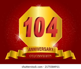 104 years anniversary logo template. Red numbers with golden ribbon.