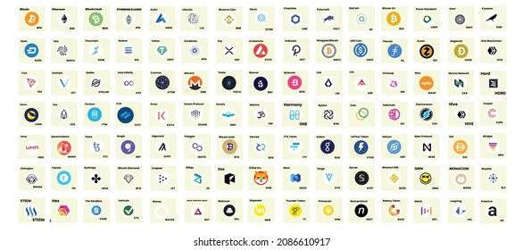 105 Vector Digital Currency logos, DeFi and tokens. Cryptocurrencies logos, symbols and icons on white background.