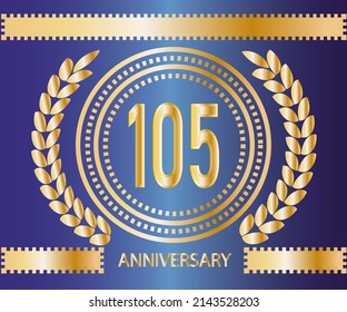 105 years anniversary logo. Vector and illustration in gold and blue background