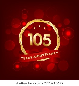105 years anniversary. Anniversary template design with gold number and red ribbon, design for event, invitation card, greeting card, banner, poster, flyer, book cover and print. Vector Eps10