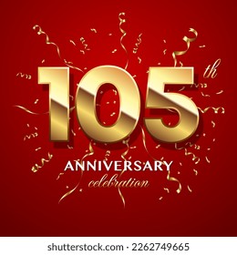 105th Anniversary Celebration. logo design with golden numbers and text for birthday celebration event, invitation, wedding, greeting card, banner, poster, flyer, brochure. Logo Vector Template