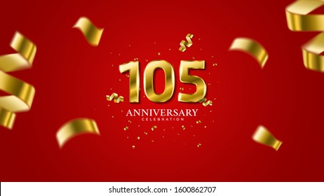 105th anniversary . Gold Numbers with shadow and sparkling confetti. Modern elegant gradient red background design vector EPS 10. For wedding party or company event decoration.