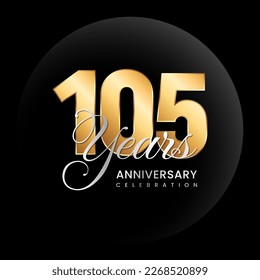 Concepto de diseño del logo del 105º aniversario. Número dorado con texto de color plateado. Ilustración de plantilla de vectores de logotipo