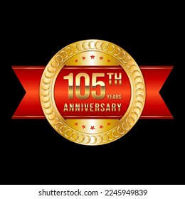 105th Anniversary. Anniversary logo design with gold color text and red ribbon for anniversary celebration event. Logo Vector Illustration