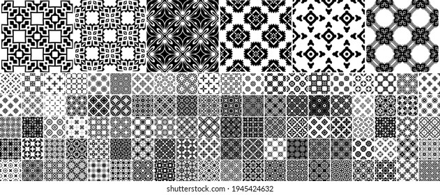 106 Patrones geométricos diferentes y universales. Se puede usar textura vectorial sin fin para envolver papel tapiz, rellenos de patrones, fondo web, texturas superficiales. Conjunto de ornamentos monocromos