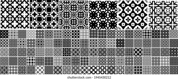 106 Universal different geometric seamless patterns. Endless vector texture can be used for wrapping wallpaper, pattern fills, web background,surface textures. Set of monochrome ornaments