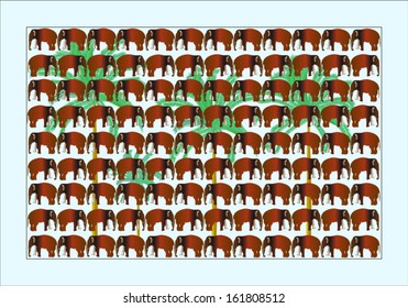 108 elephants under the palm trees in rows and columns of the background