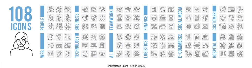 108 Iconos De Línea Fijados Estilo De Contorno Delgado Pictograma Minimalista