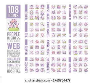 108 Line Icons Set Thin Outline Style Pictogram Minimalist Colored