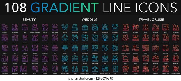 108 trendy gradient style thin line icons set of beauty, wedding, travel cruise isolated on black background.