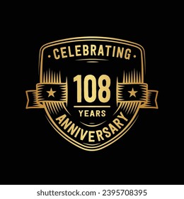 Plantilla de diseño de escudo de celebración de 108 años. Logo del 108º aniversario. Vector e ilustración.