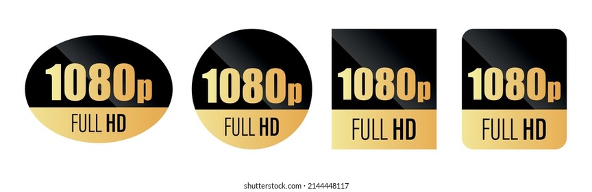 1080p FULL HD icon. Vector 1080p symbol of High Definition monitor display resolution standard. Gold label