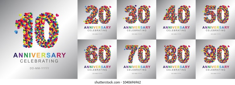 10-90 anniversary design logotype paper hearts multi-color for celebration
