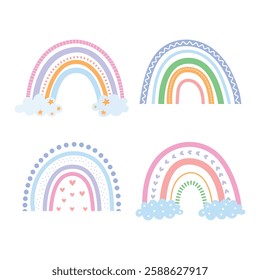 10EPS A set of cute geometric rainbows with hearts, stars, and clouds in beautiful, vibrant colors. Soft pastel tones blend with brighter hues, creating a playful and calming atmosphere. 