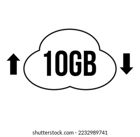 10GB capacity for download and upload. Vector for cloud file transfers on white background