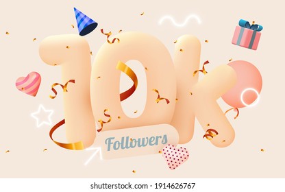 10k or 10000 followers thank you Pink heart, golden confetti and neon signs. Social Network friends, followers, Web user Thank you celebrate of subscribers or followers and likes. Vector illustration