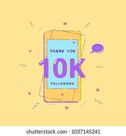 10K Followers banner with phone. Template for social media.  Vector illustration.