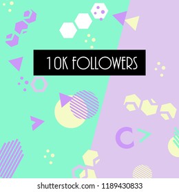 10k followers card banner template for celebrating many followers in on-line social media networks.Vector pattern of coloured likes 10K subscribers