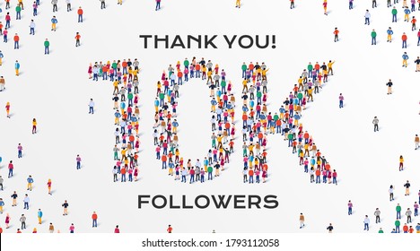 10K Followers. Group of business people are gathered together in the shape of 10000 word, for web page, banner, presentation, social media, Crowd of little people. Teamwork. Vector illustration