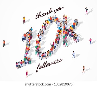10K Followers. Group of business people are gathered together in the shape of 10000 word, for web page, banner, presentation, social media, Crowd of little people. Teamwork.