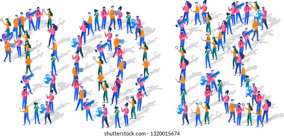 10K Followers Isometrisches Vektorkonzept, Gruppe von Geschäftsleuten zusammengeführt in Form von 10000 Wort, für Web-Seite, Banner, Präsentation, soziale Medien, Menge von kleinen Menschen. Teamwork