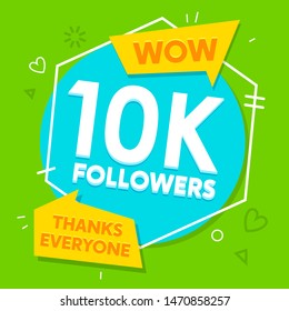 10k followers social media banner template. Congratulation, greeting card with memphis symbols. Internet advertisement campaign, subscribers celebration. Social networks promotional poster design
