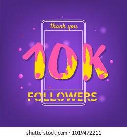 10K Followers thank you phrase with random items. Template for social media post. Handwritten letters. Ultra violet palette colors. 10000 subscribers banner. Vector illustration.