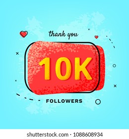 10K followers thank you post. 10000 subscribers red button on blue textured backgroun. Greeting card for social networks. Template for social media. Vector illustration.