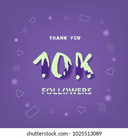10K Followers thank you square banner. Ultra violet palette colors. Template for social media post. Handwritten letters. 10000 subscribers. Vector illustration.