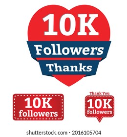 10K seguidores de diseño vectorial en fondo blanco. Diseño de celebración de 10.000 seguidores en los medios sociales de color rojo y blanco. Colección de insignias de 10.000 seguidores.