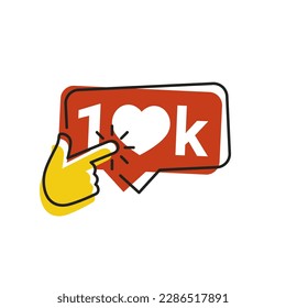 10k icon likes. 10k counter notification icon. Follower. Button, ui, web. 10000 social media likes. Hand click finger icon vector