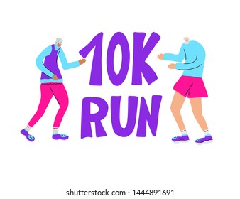 10K run text with senior couple runners. Vector illustration.