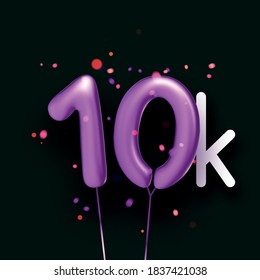 10k sign violet balloons with threads on black background with lights confetti. Vector festive illustration.