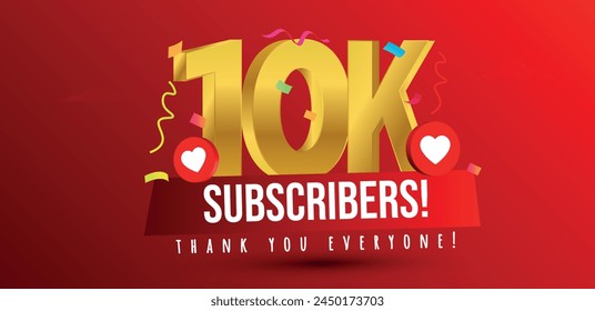 10k subscribers, followers. Thank you for Ten thousand or 10k subscribers, followers on social media. 10000 subscribers thank you, celebration banner with heart icons, confetti on dark red background svg