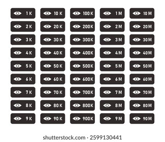 10k Views - 10M Views celebration background design. 10:100k 10:100m social media notification icon with eye symbol .  user count of live stream close up.
