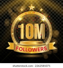 10M Followers Logotype with Gold and red Confetti Isolated on Black Background (PNG), Vector Design for Greeting Card and Social Media.