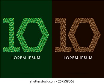 10,Number, font, concept leaf and rock, designed using green and brown colors tone geometric shape on dark background, sign ,logo, symbol, icon, graphic, vector.