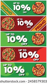10OFF, pack with 5 discount coupons for purchasing pizzas, colors green and red. 10 percent OFF