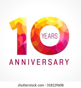 10s years old celebrating fiery logo. Anniversary flamed year of 10 th. Vector template flamy 0 numbers. Happy birthday flaming greetings celebrates. Stained-glass digits and flames. Mosaic figures.