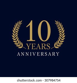 10s years old luxurious logo. Anniversary year of 10 th vector gold colored template framed of palms. Greetings ages celebrates. Celebrating laurel branches. 1 st place symbol of victory and success.