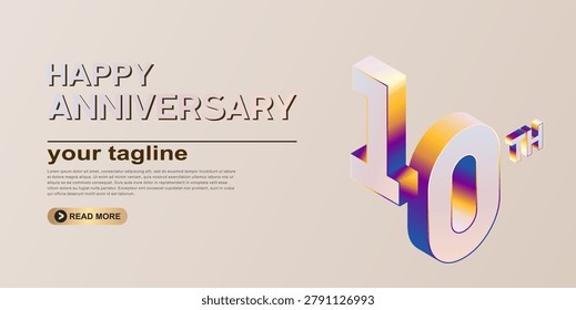 10th 3D Modern colorful number anniversary. 3D Iridescent numbering design. Bright isometric numbers on light background. celebrating banner design.