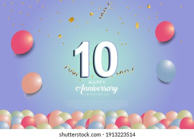 Antecedentes del décimo aniversario con número 3D e ilustración de globos