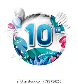 10th anniversary background with balloon and confetti on white. 3D paper style illustration. Poster or brochure template. Vector illustration.