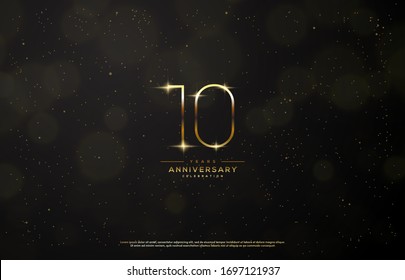 10th anniversary background with an illustration of golden figures there is a ray of light in front of a black background.