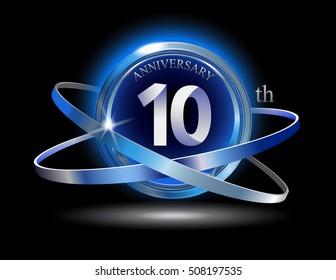 10th anniversary with blue ring graphic elements on black background