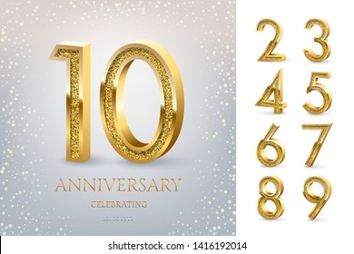 10th Anniversary Celebrating golden text and confetti on light blue background with numbers. Vector celebration anniversary event template