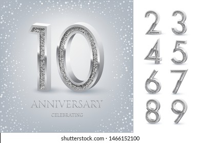 10th Anniversary Celebrating silver text and confetti on light blue background with numbers. Vector celebration anniversary event template