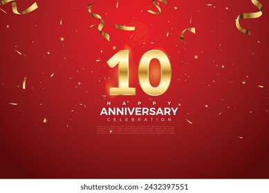 10th Anniversary celebration, 10 Anniversary celebration On Red background for celebration event, festive illustration, Golden number 10 sparkling confetti, 10,11