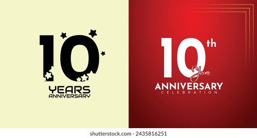 10th Anniversary celebration, 10 Anniversary celebration, Realistic 3d sign, stars, festive illustration, red background with White number 10, 11