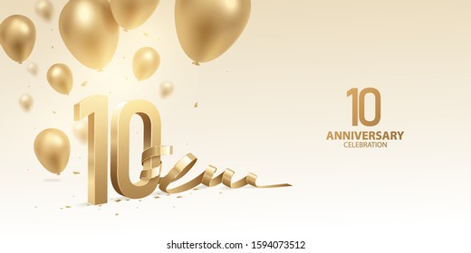 10th Anniversary celebration background. 3D Golden numbers with bent ribbon, confetti and balloons.
